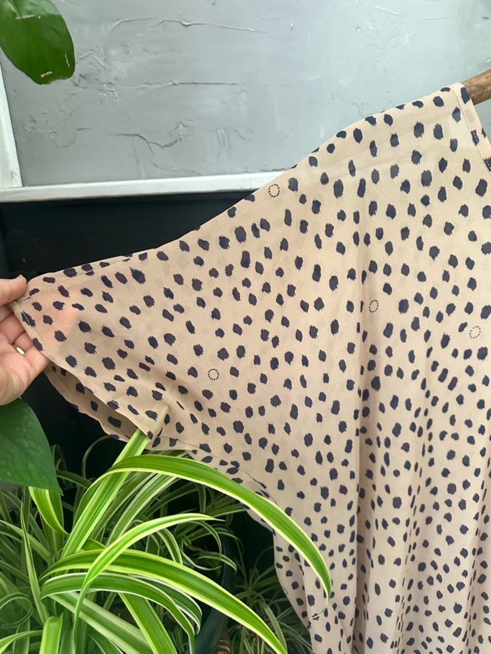 By Together Taupe Black Semi Sheer Spot Print Blouse Size Large V-Neck Boho Top - Picture 4 of 10
